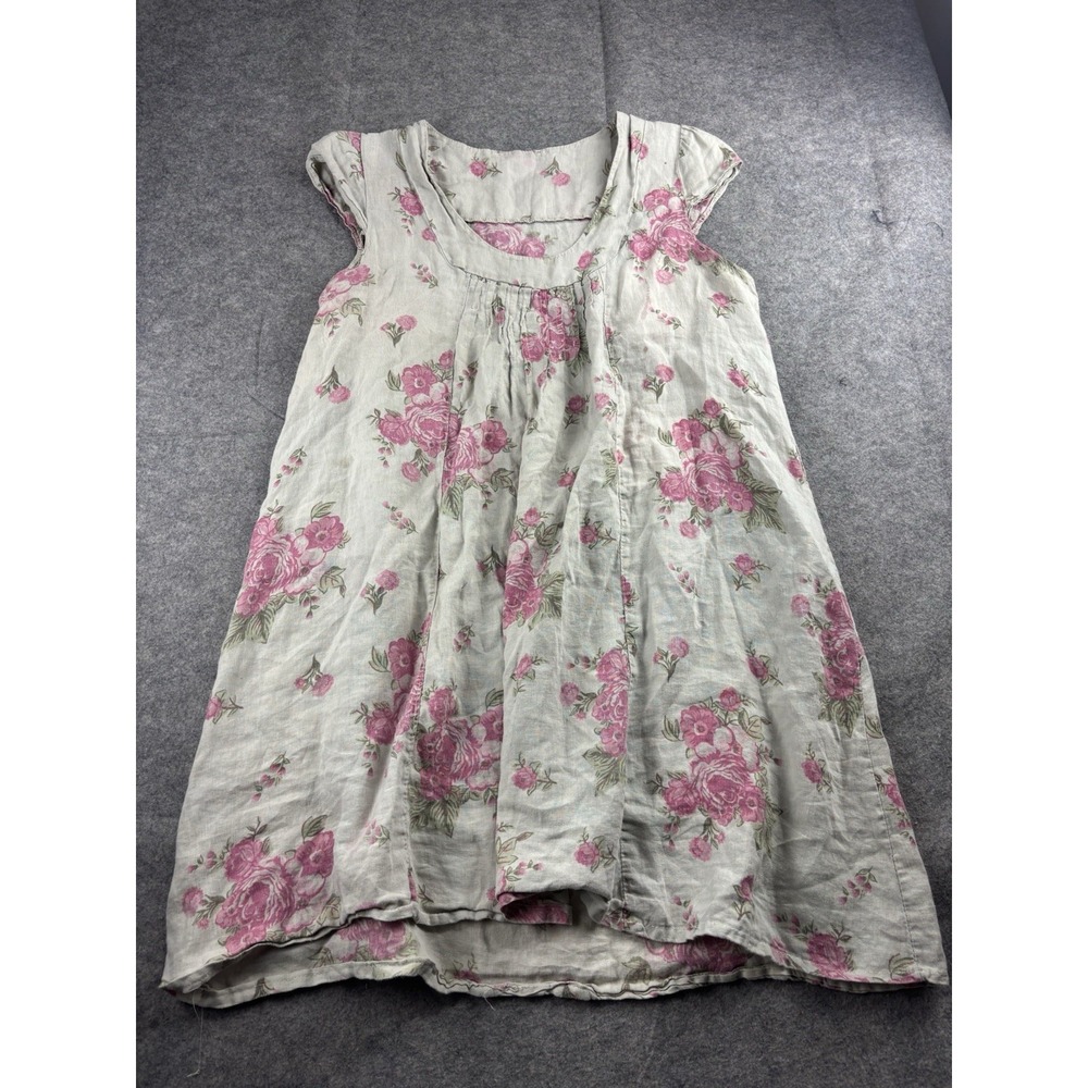 VTG Women L? Mini Dress TUNIQUE FLORAL PRINT 100% LINEN Cottagecore Boho Western